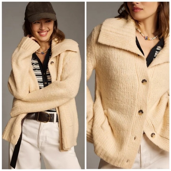 Anthropologie Maeve Coatigan Cream Chunky Knit Cardigan Jacket Wide Collar - Picture 9 of 14